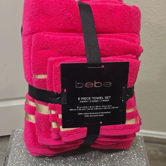 Bebe 6-Piece Gold Striped Embroidered Towel Set- Pink/Gold - Picture 7 of 7